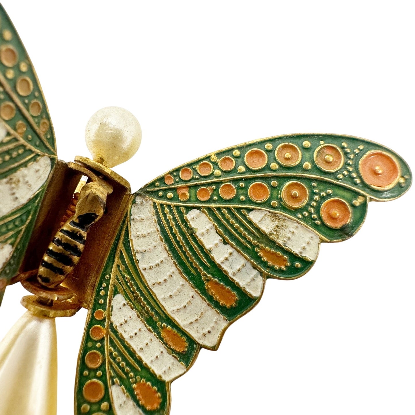 vintage Butterfly Clip green orange gold faux pearls jewelry pin made in SPAIN