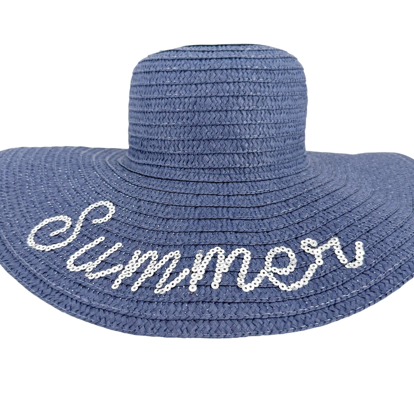 navy blue SUMMER silver sequins Floppy straw sun Hat beach shade coastal casual