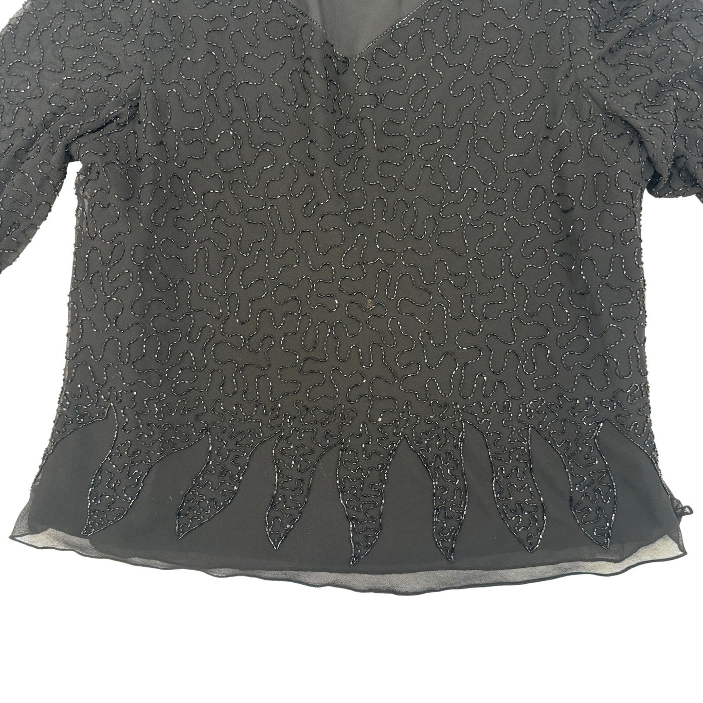 JKARA black Cocktail Beaded Top women's LARGE v-neck blouse sheer bell sleeve