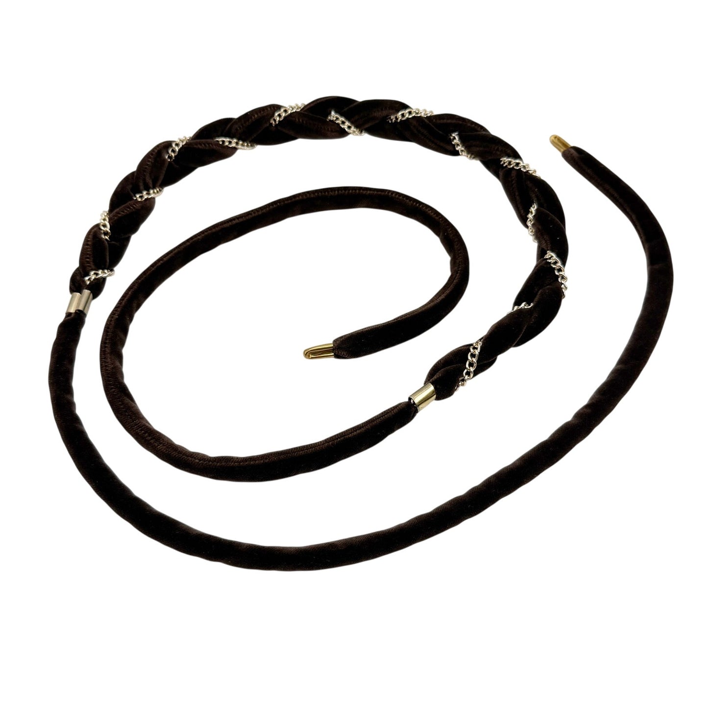 vintage braided brown velvet rope & gold chain Self Tie Belt 68" long accessory