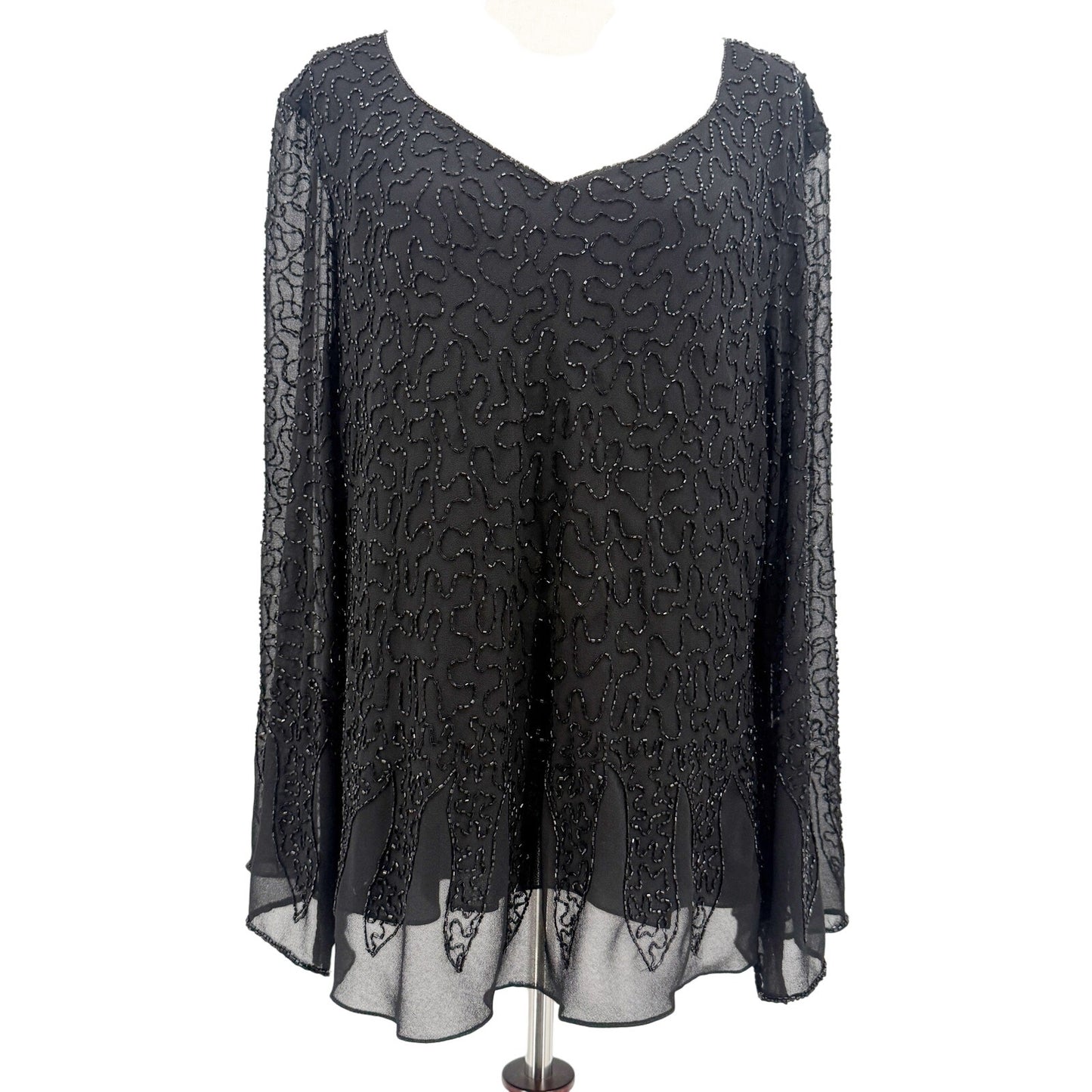 JKARA black Cocktail Beaded Top women's LARGE v-neck blouse sheer bell sleeve