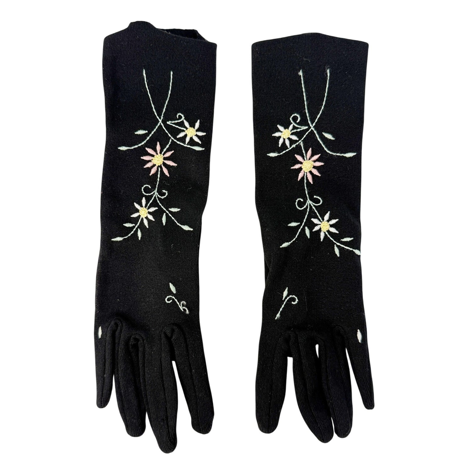 vintage Lillian Brasil black Fashion Dress Gloves womens SMALL floral embroidery