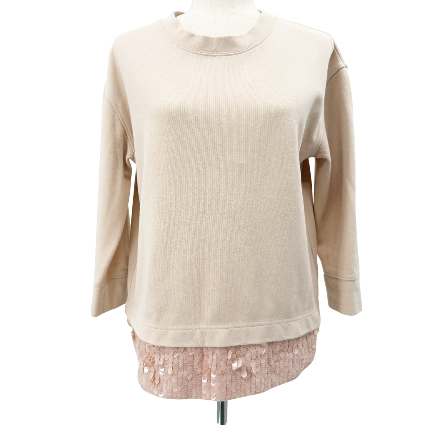 J.Crew pale pink opaque sequins hem Top women's SMALL sweatshirt 3/4 sleeves
