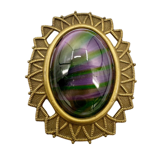 vintage antique gold tone metal purple & green oval stone BROOCH jewelry pin
