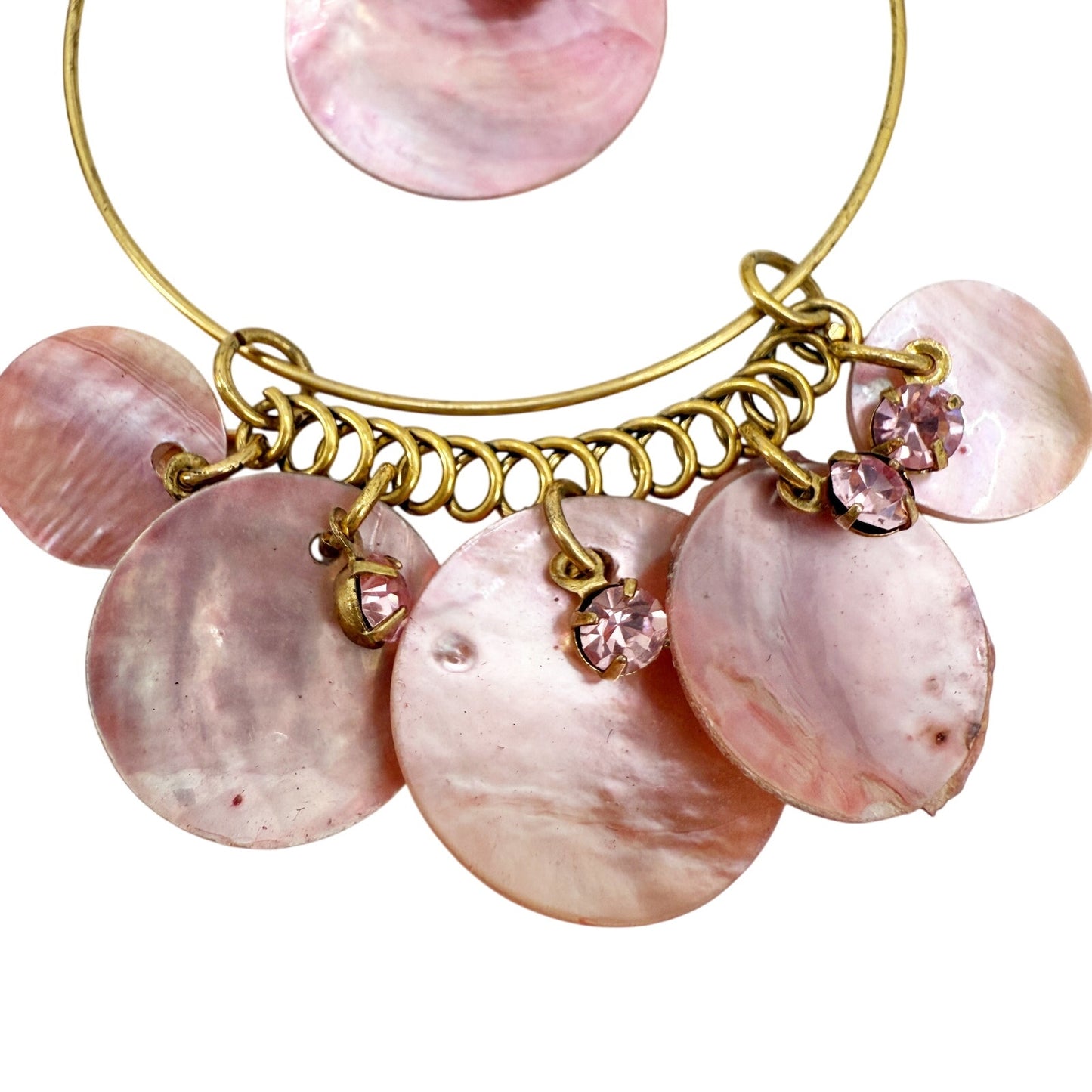 vintage BOHO gold pink shimmer shells rhinestones hook dangle EARRINGS jewelry