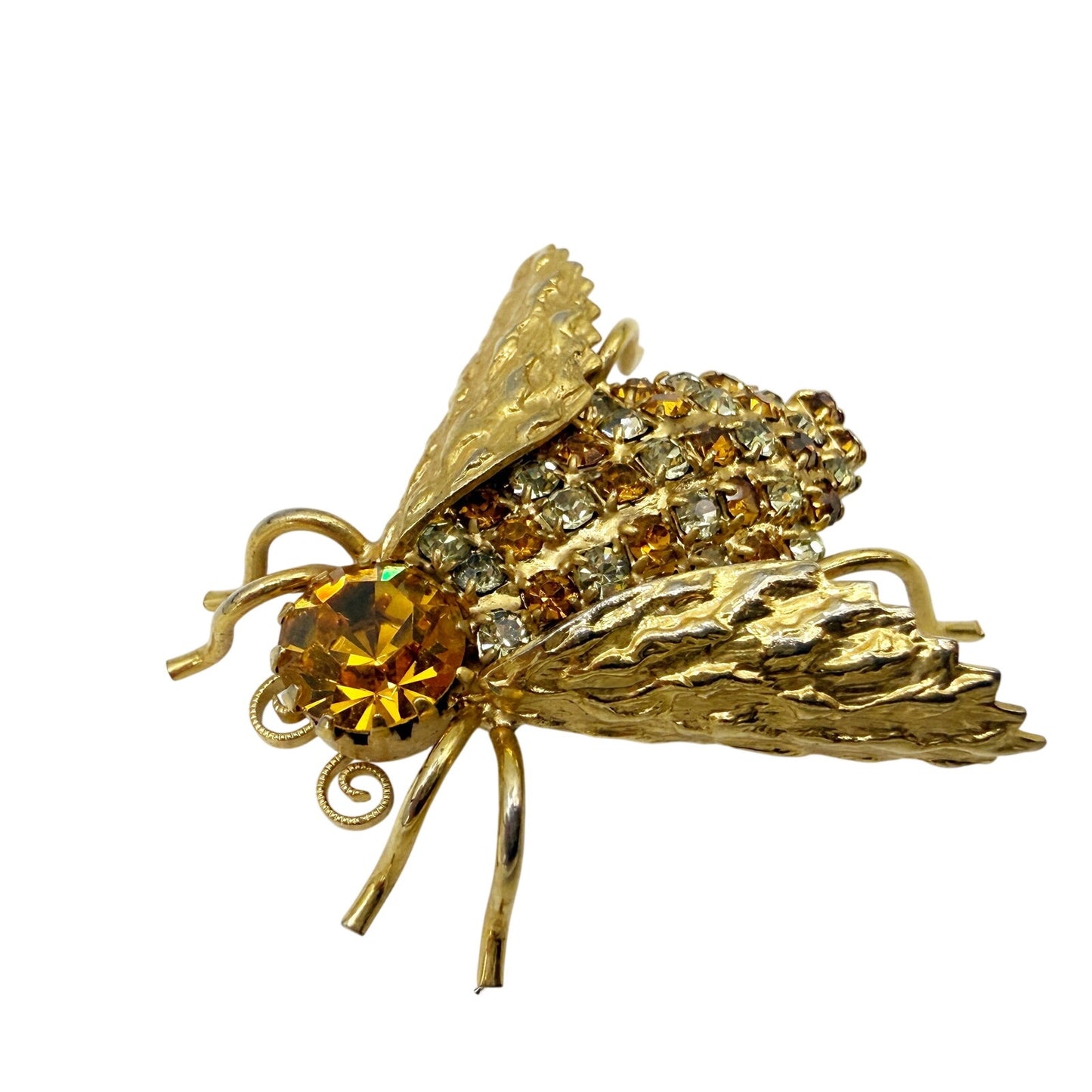 vintage gold Honey Bee bug BROOCH insect jewelry pin clear topaz rhinestones