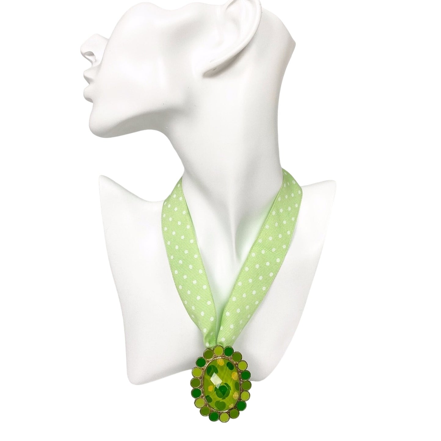 white polka dot & green 14" grosgrain ribbon pendant NECKLACE costume jewelry
