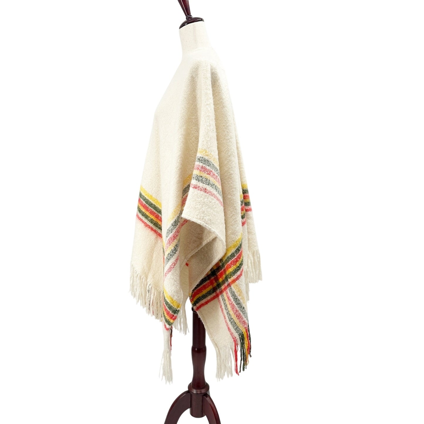 Free People ivory yellow green red striped Ruana sweater top fringe poncho OS
