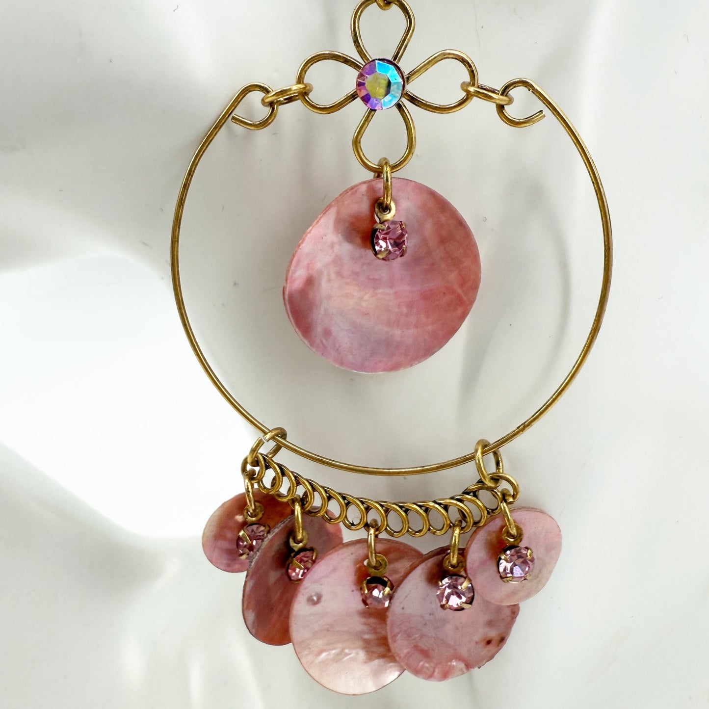 vintage BOHO gold pink shimmer shells rhinestones hook dangle EARRINGS jewelry