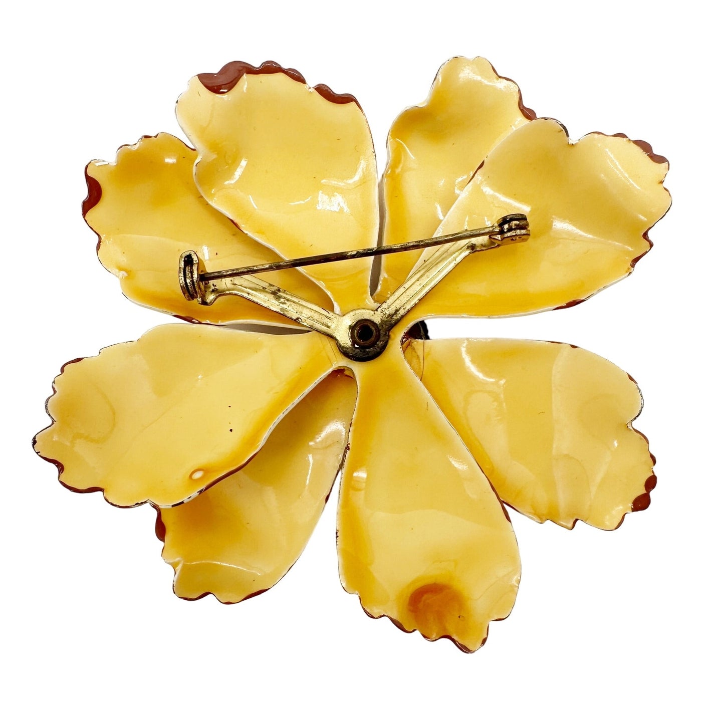 vintage enamel yellow & brown metal flower BROOCH floral. jewelry pin