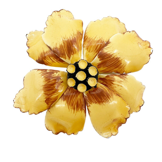 vintage enamel yellow & brown metal flower BROOCH floral. jewelry pin