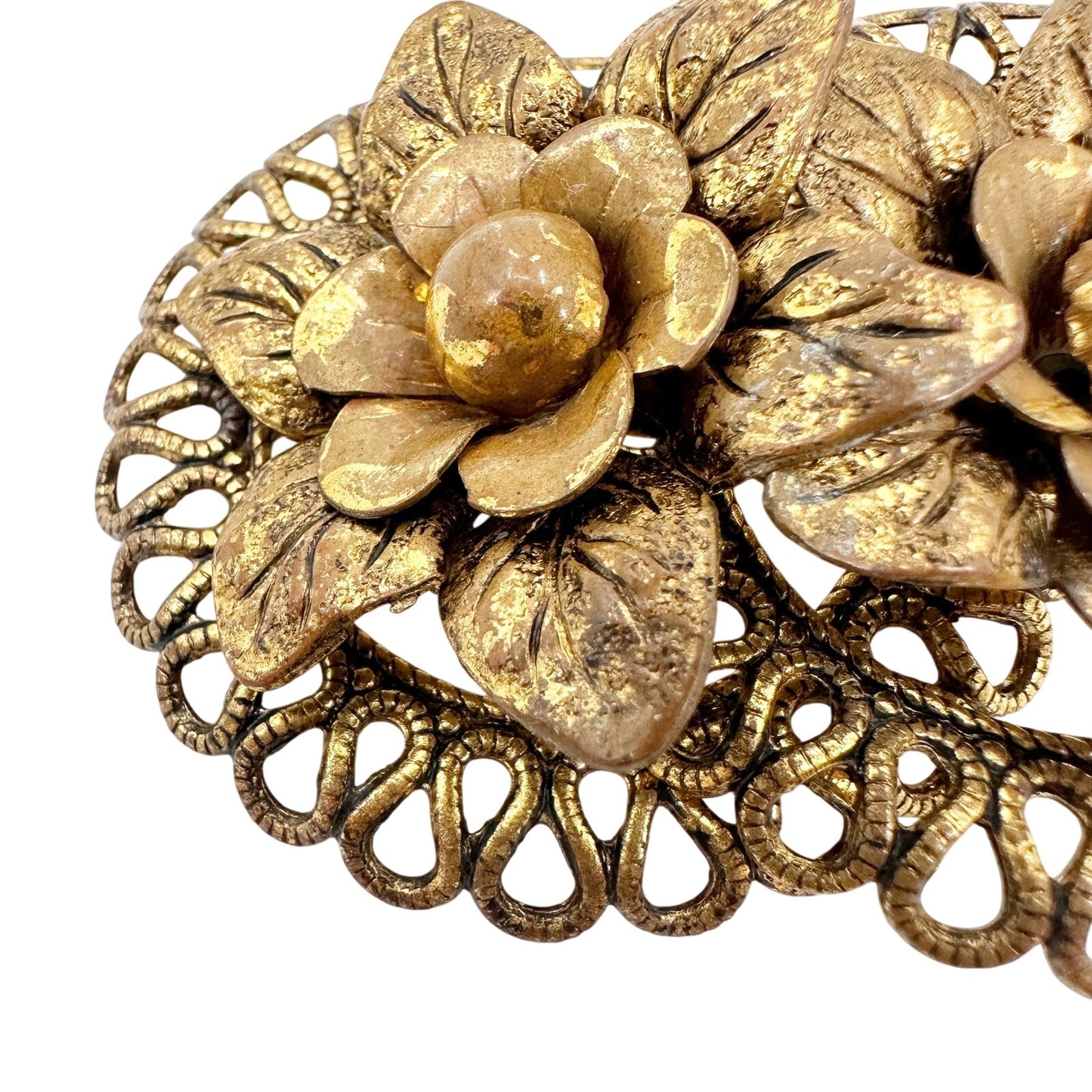 vintage double flowers bronze metal BROOCH floral jewelry pin