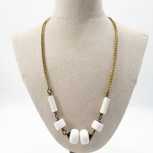 vintage gold tone metal chain chunky white beads Beaded Necklace costume jewelry
