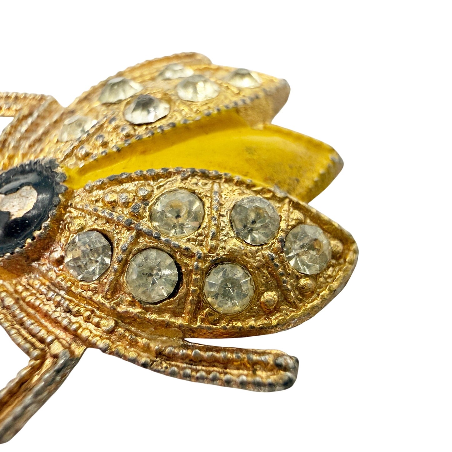 vintage gold yellow black enamel Flying Insect Brooch jewelry pin rhinestones