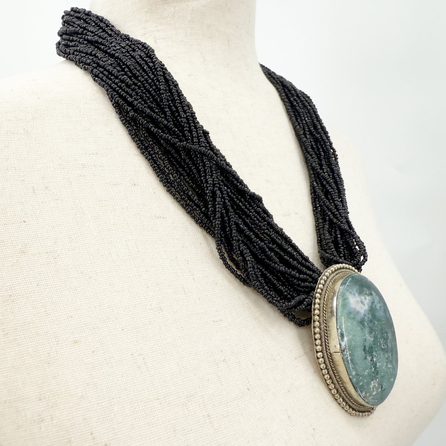 multi-strand black seed bead Necklace moss agate oval Pendant beaded strands