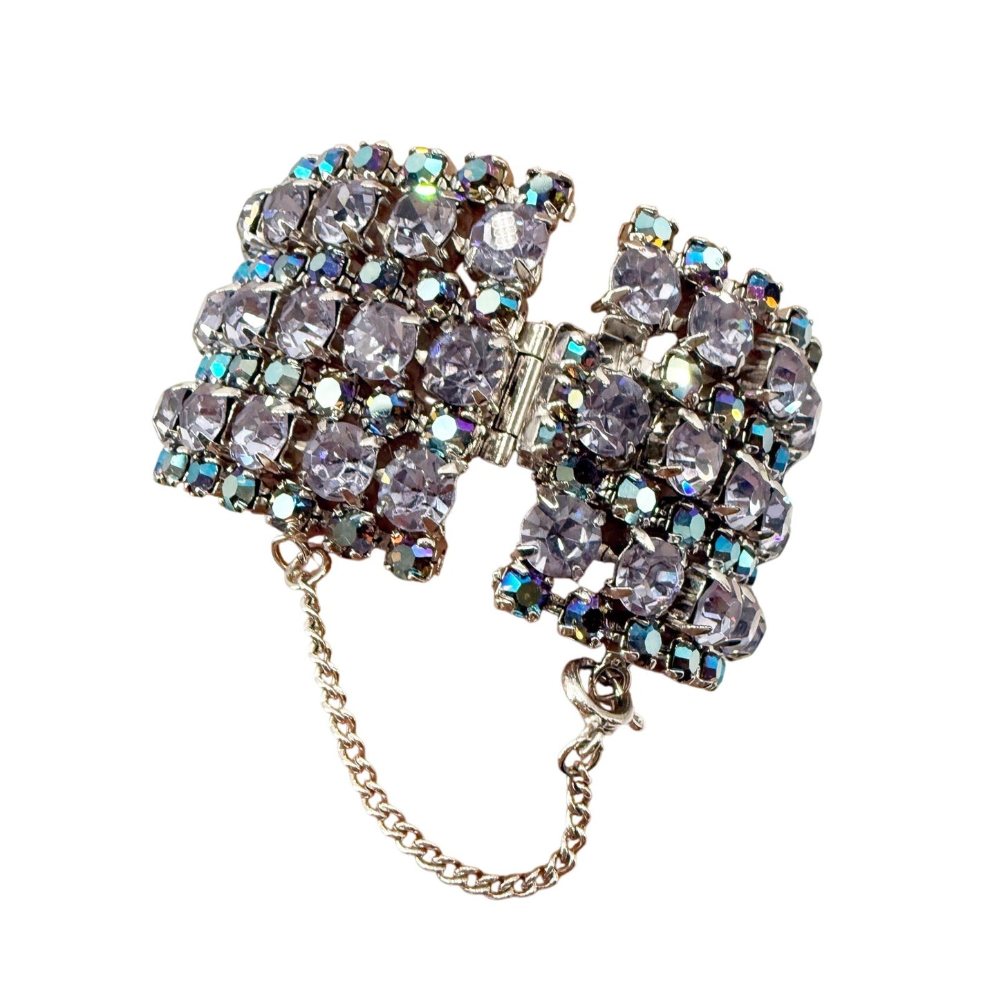 vintage 1.5" wide Rhinestone Bracelet blue iridescent stones women's jewely