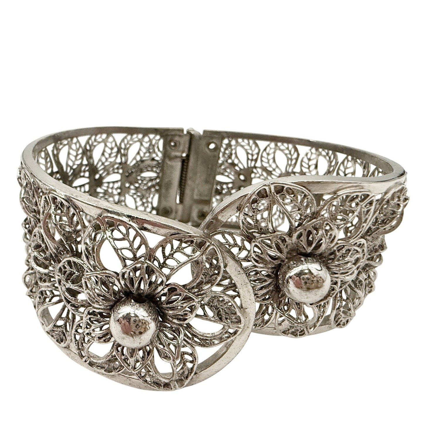 vintage Vargas Hinged floral filigree Bracelet silver toned metal flower jewelry