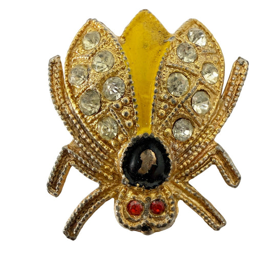vintage gold yellow black enamel Flying Insect Brooch jewelry pin rhinestones