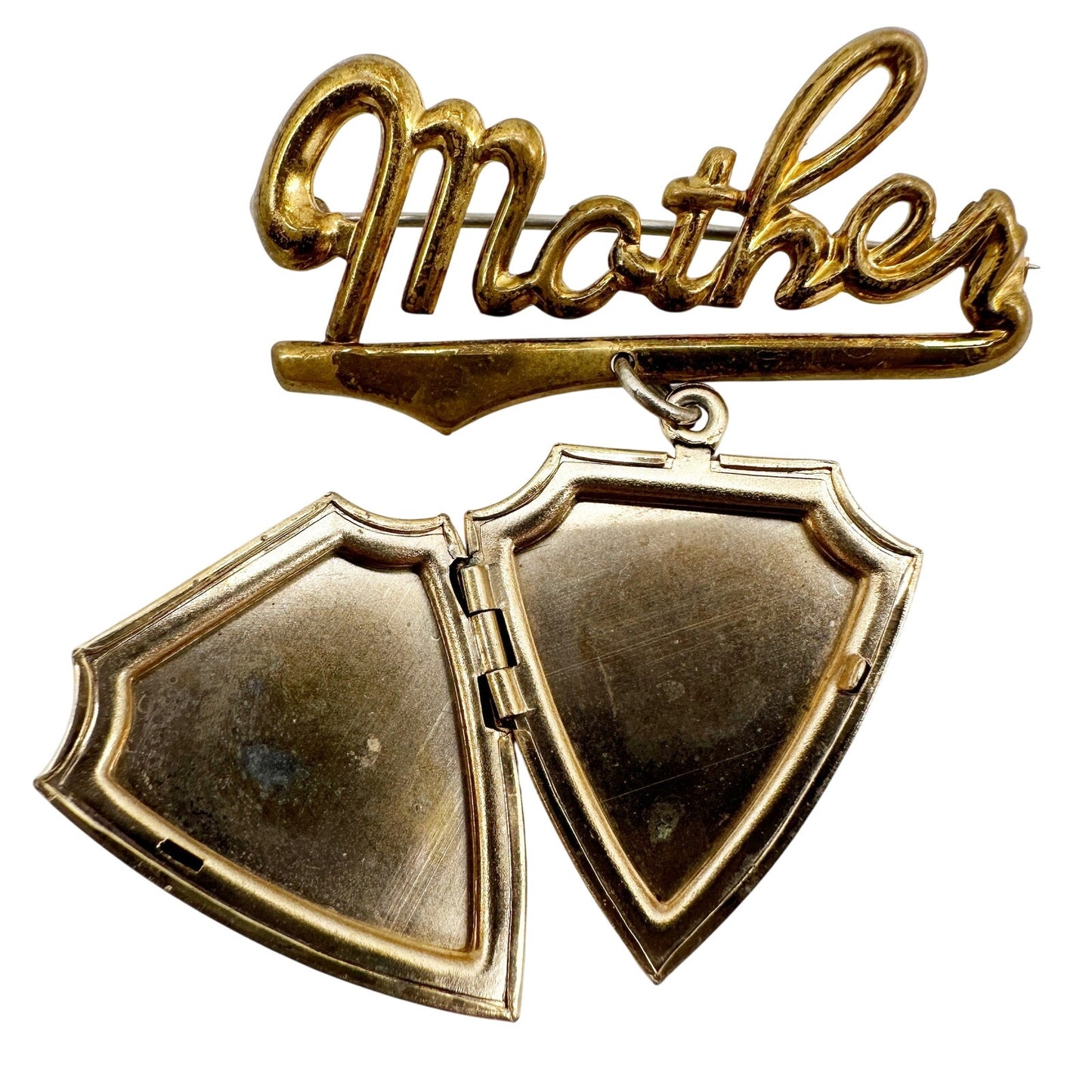 vintage gold tone metal MOTHER picture photo locket BROOCH mom jewelry pin