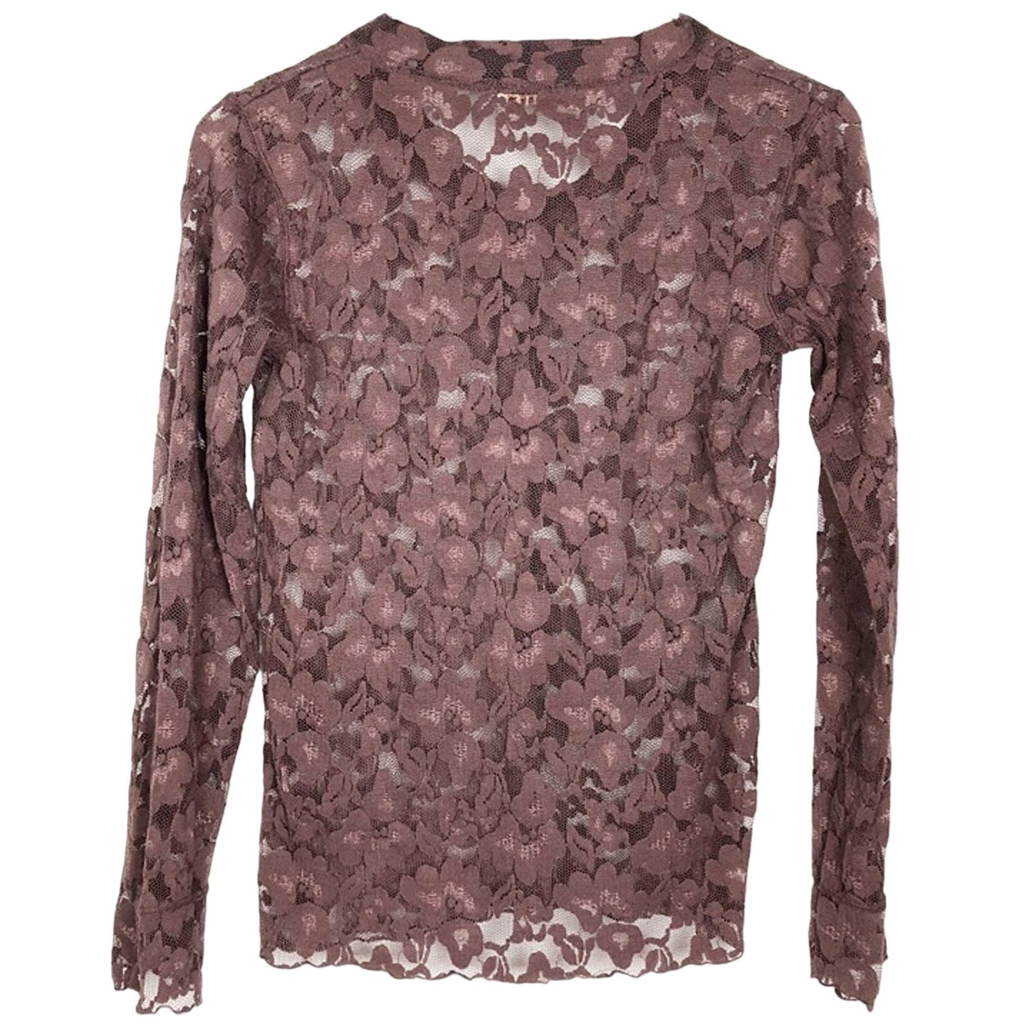 SAGA dark brown LACE sheer blouse TOP long sleeves women's S small