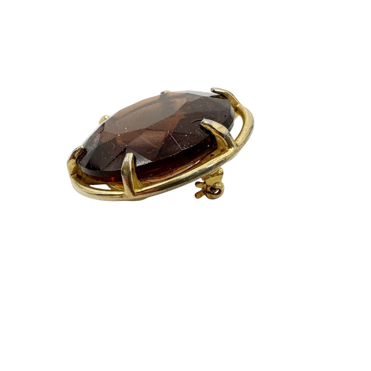 vintage gold metal & translucent brown stone BROOCH round jewelry pin