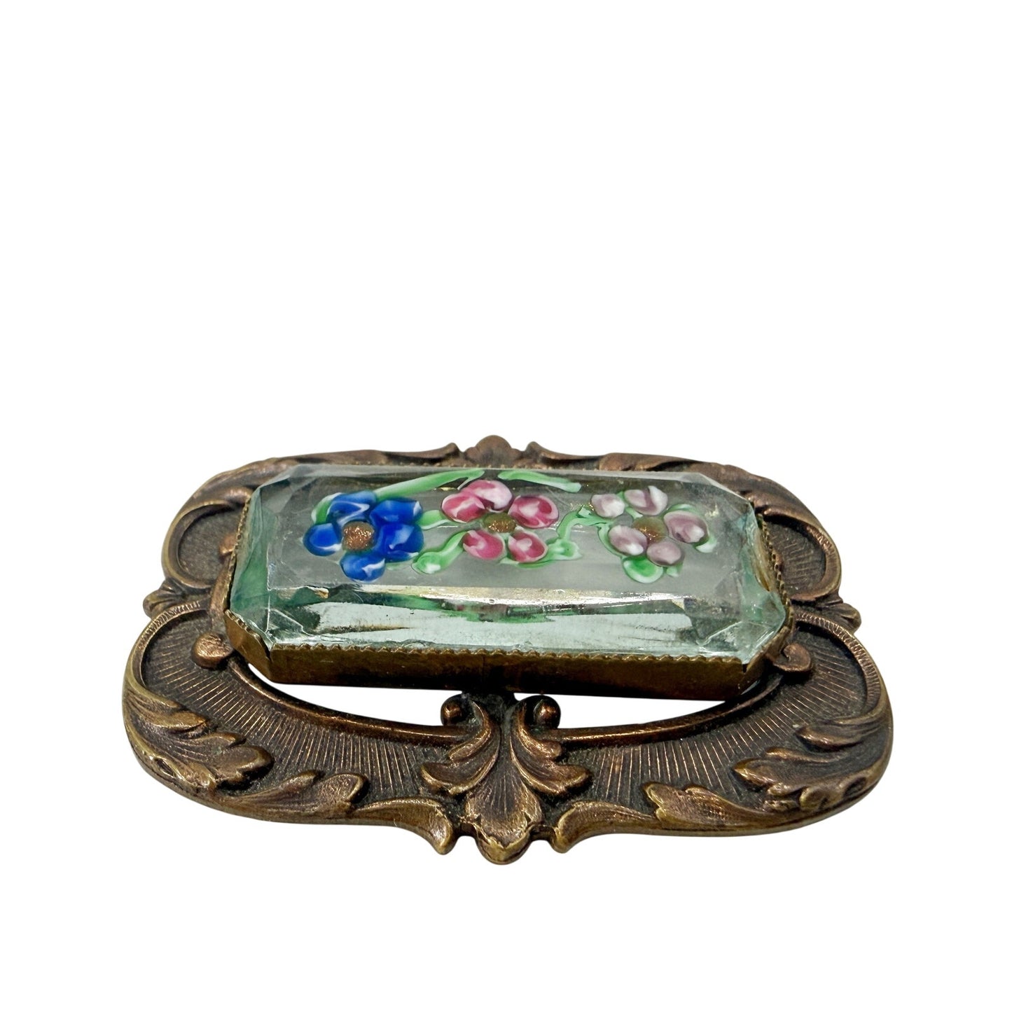 vintage Pididdly Links Flowers in Glass prism metal BROOCH floral jewelry pin