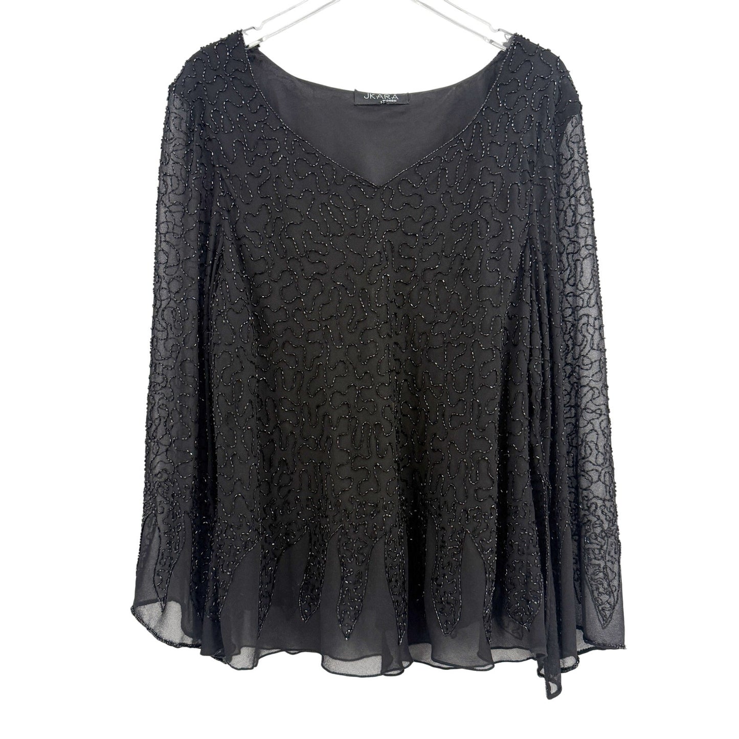 JKARA black Cocktail Beaded Top women's LARGE v-neck blouse sheer bell sleeve