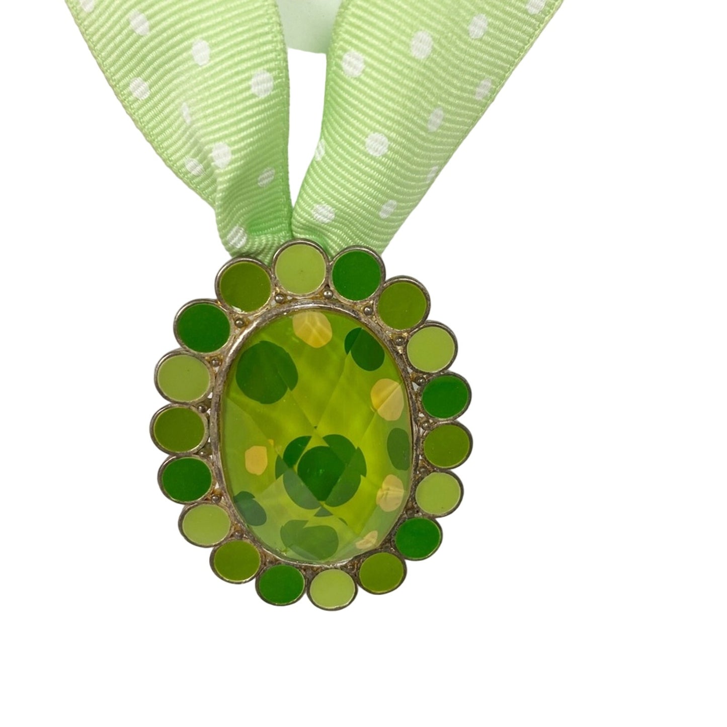 white polka dot & green 14" grosgrain ribbon pendant NECKLACE costume jewelry
