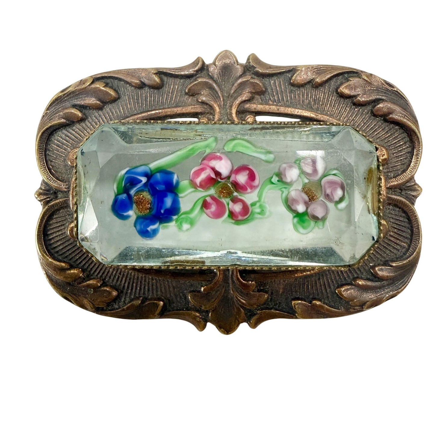 vintage Pididdly Links Flowers in Glass prism metal BROOCH floral jewelry pin