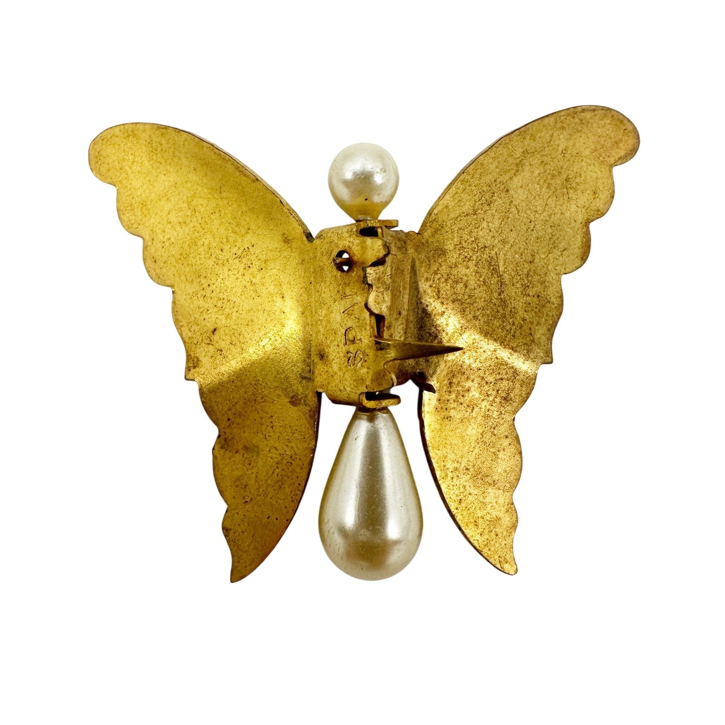 vintage Butterfly Clip green orange gold faux pearls jewelry pin made in SPAIN