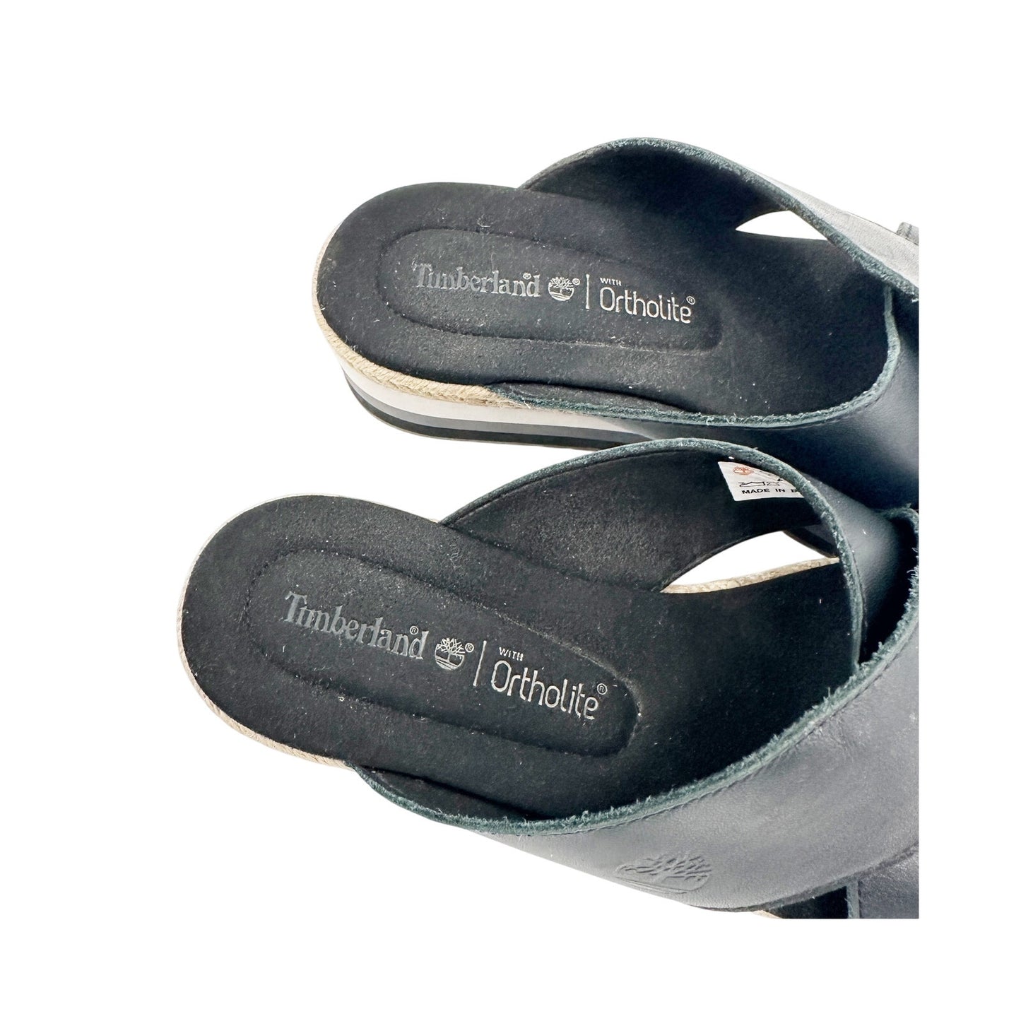 Timberland black leather gray white jute Slide Sandals women's 6 shoes Ortholite