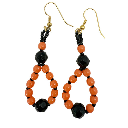 handmade orange &. black beaded EARRINGS jewelry NEW made w/ vintage beads