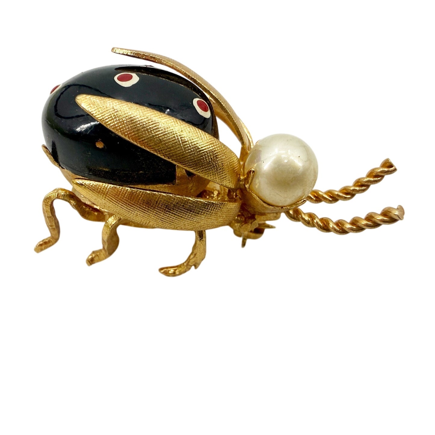 vintage black red & gold Beetle Bug BROOCH insect jewelry pin faux pearl