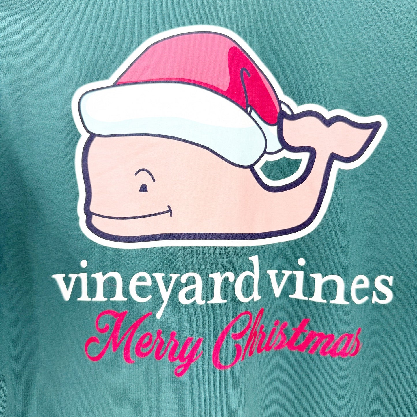 vineyard vines teal green Christmas Whale Tee women's XS t-shirt top Santa hat