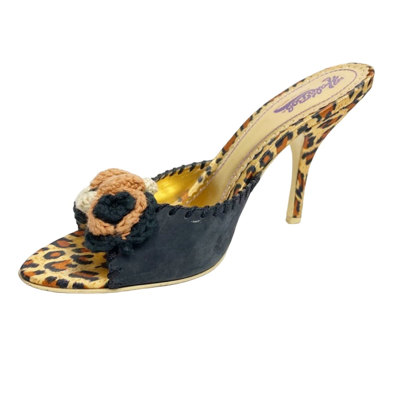 Hale Bob floral & leopard HEELS black brown crochet knit flowers size 7 M shoes