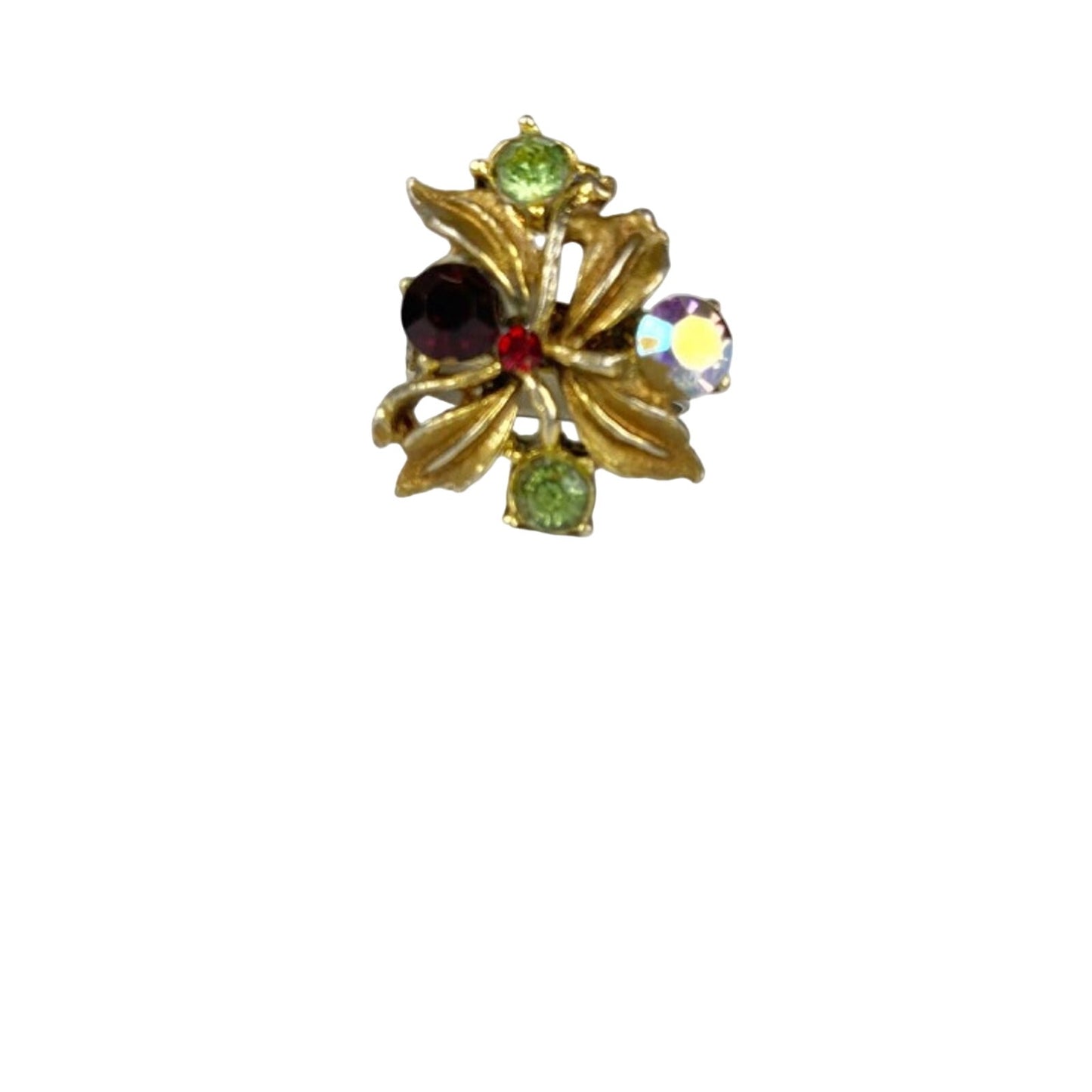vintage floral gold tone metal RING red & green rhinestones adjustable band