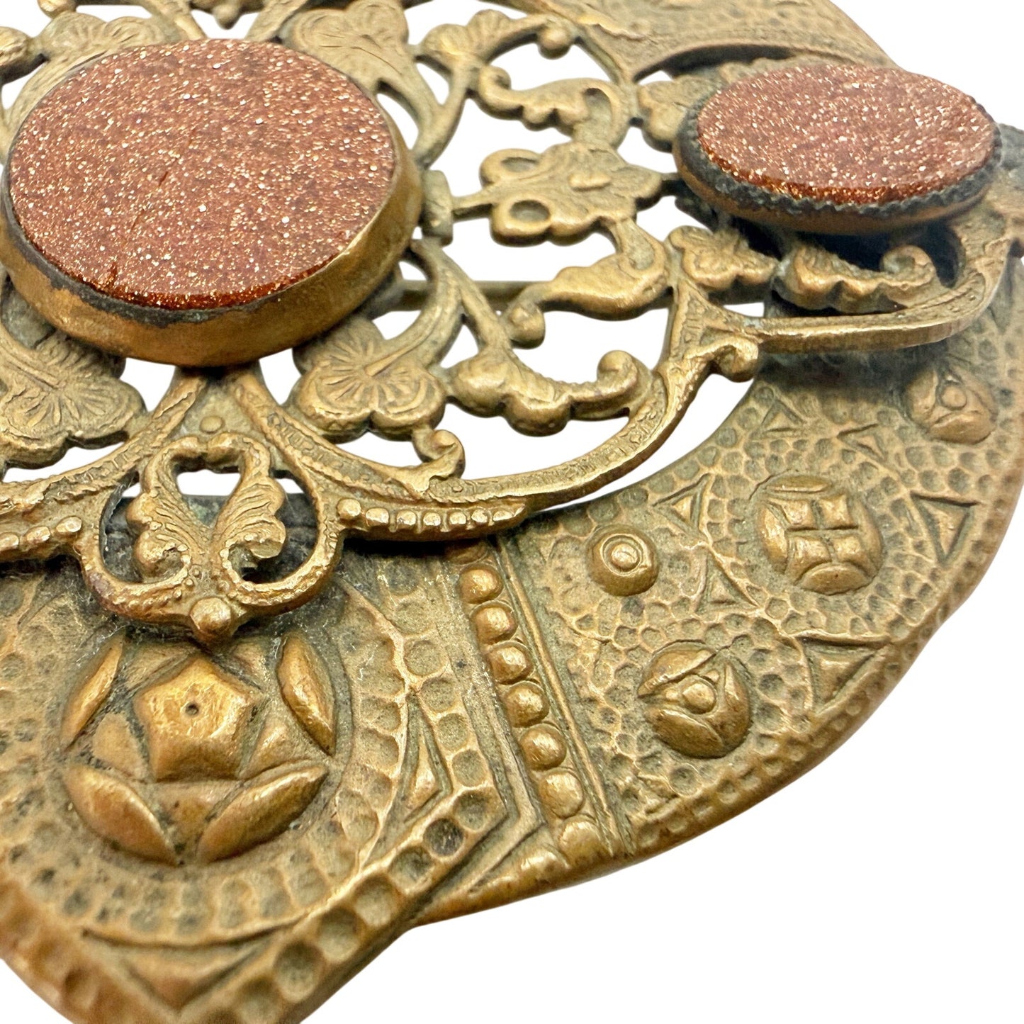 vintage brass metal shield medallion BROOCH dark orange goldstone jewelry pin