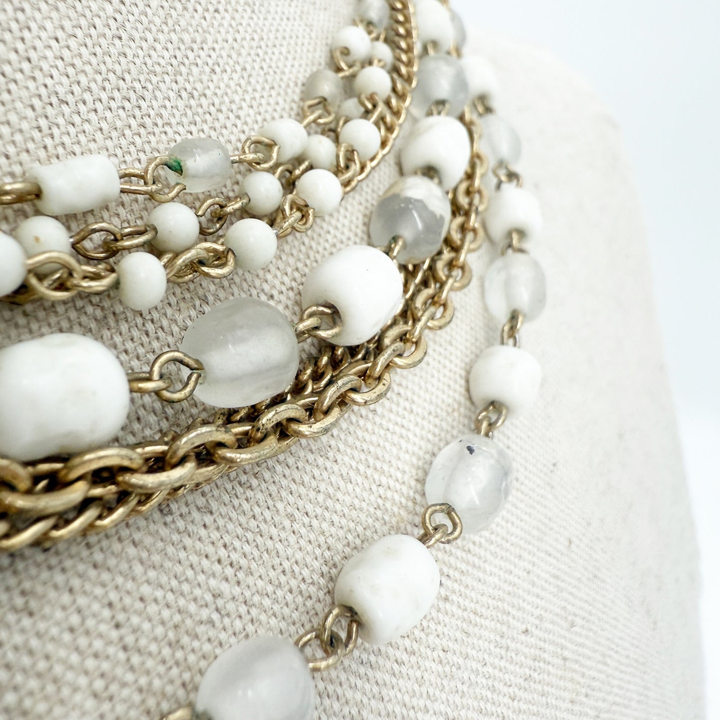 vintage multi-strand white beads & gold chain Choker Necklace costume jewelry