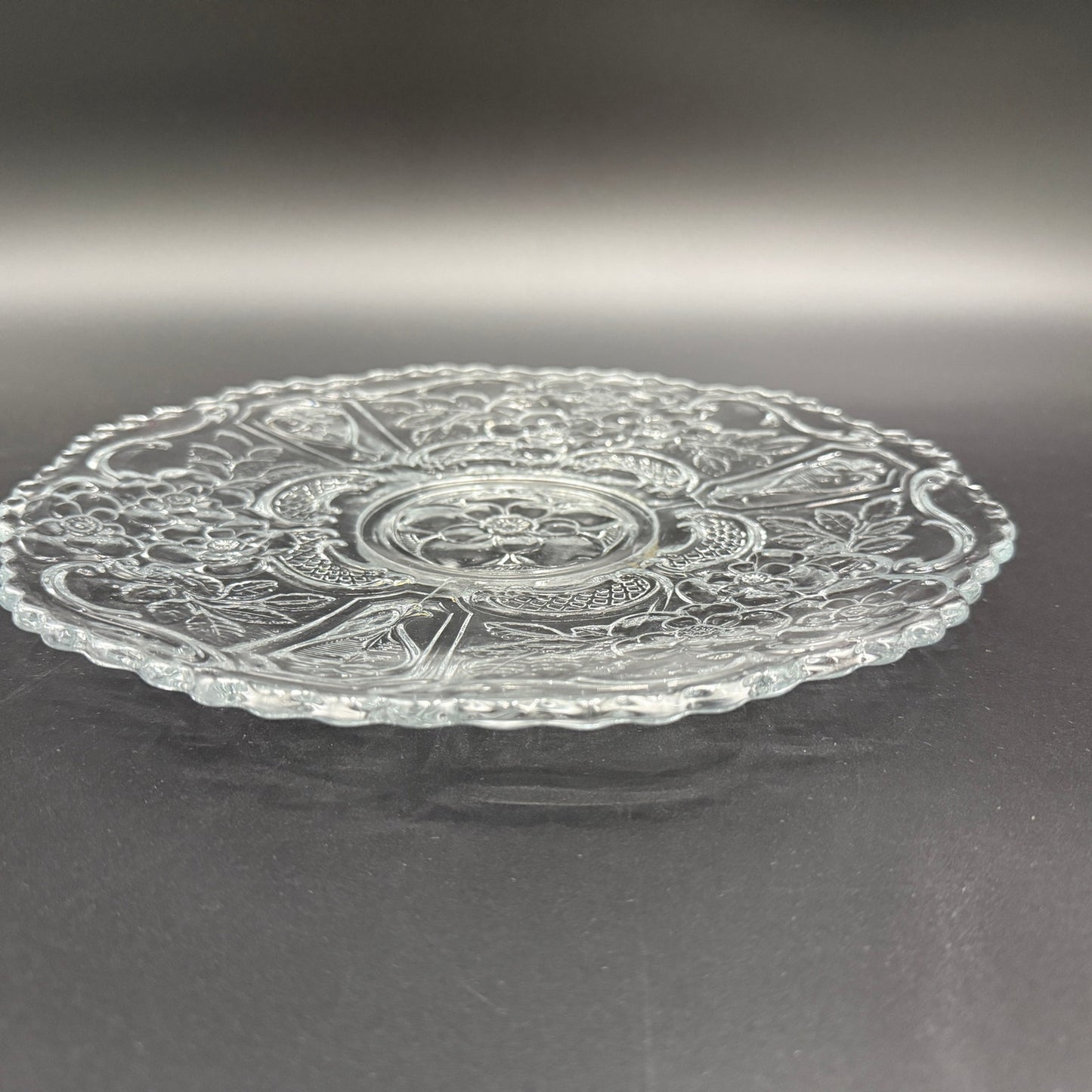 vintage 10.5" clear glass floral Cake Plate scalloped edge pressed glassware