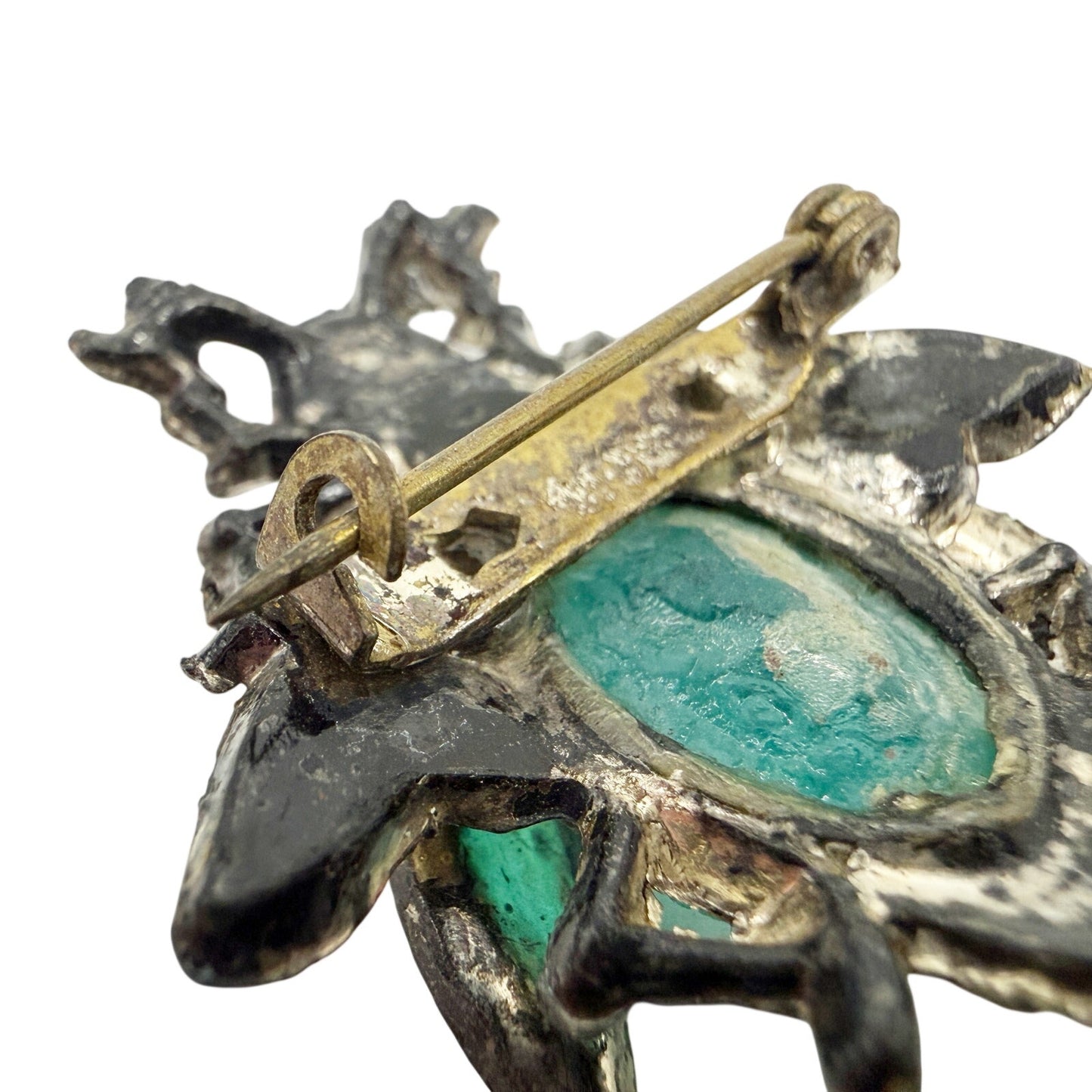 vintage black plastic Flying Insect turquoise stone BROOCH jewelry pin enamel