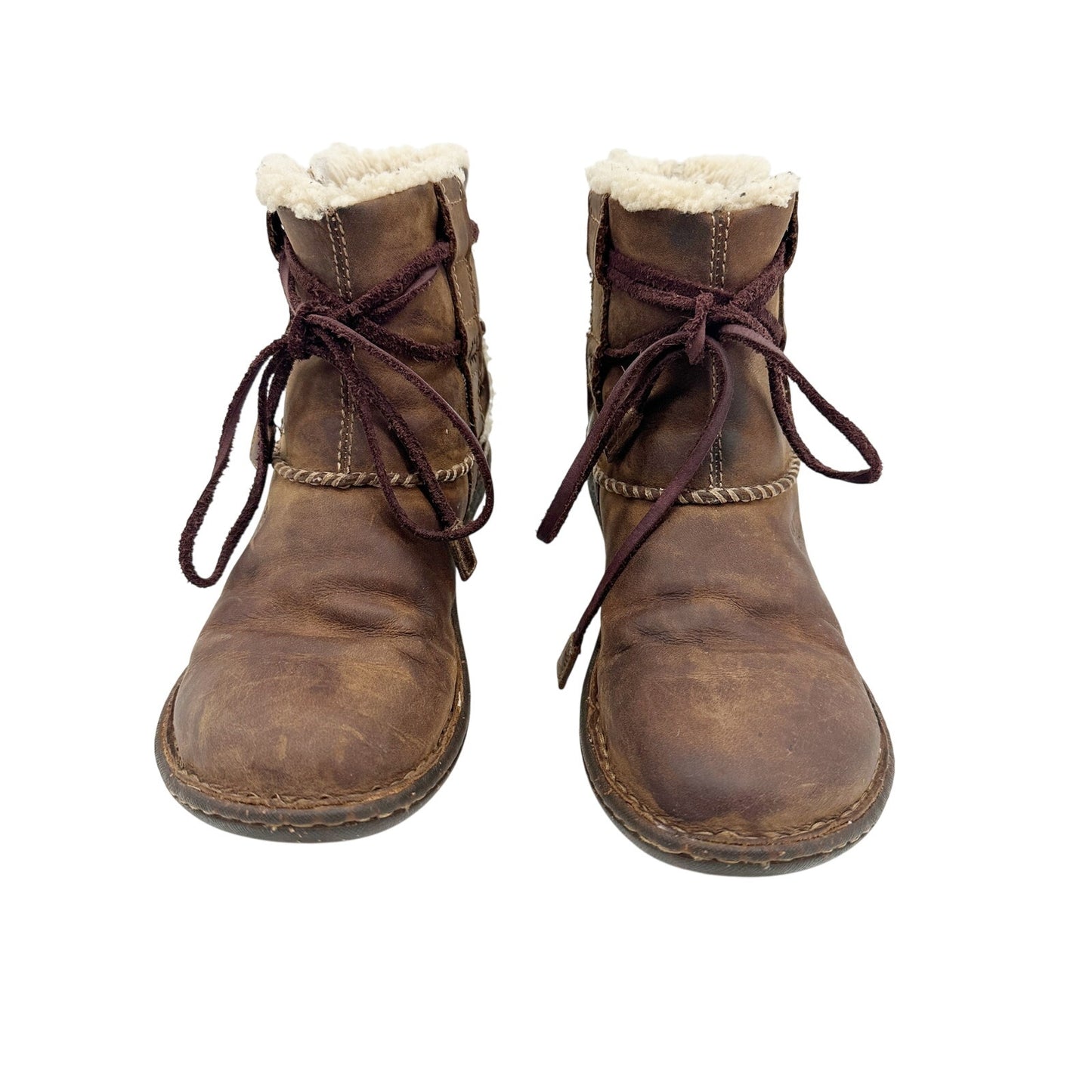 UGG brown leather wraparound tie ankle BOOTS women's 7 winter shoes sheepskin