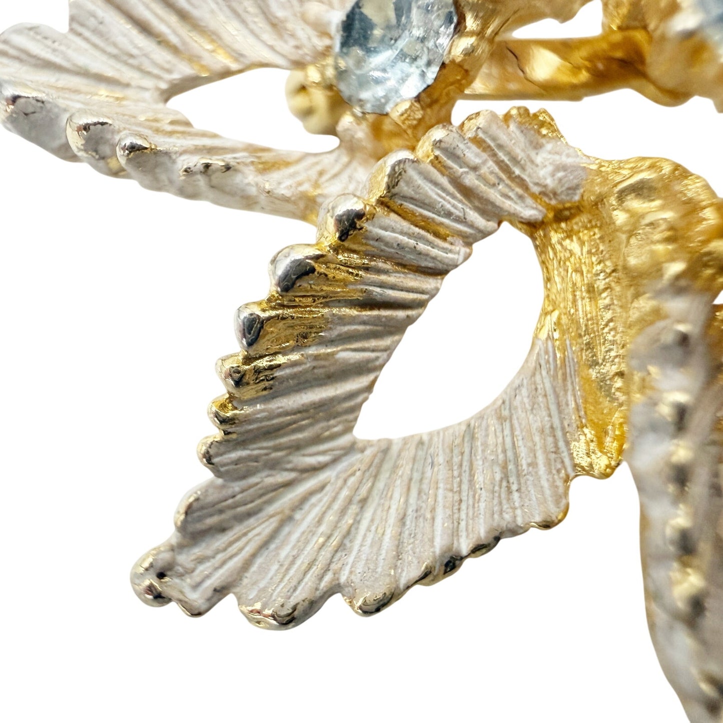 vintage gold grayish white baby blue rhinestones Leaf BROOCH floral jewelry pin