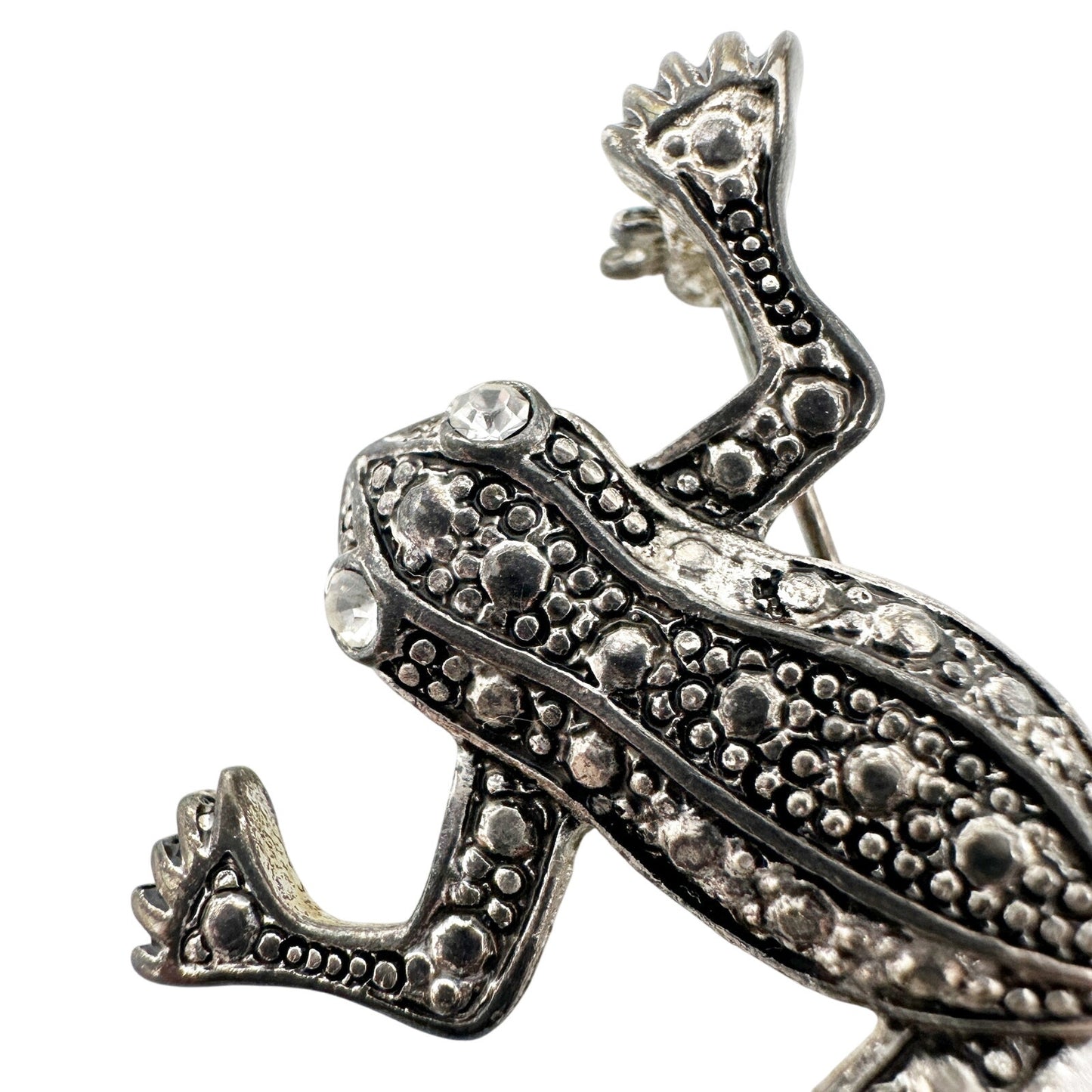 vintage silver tone metal Frog clear rhinestone eyes BROOCH jewelry pin