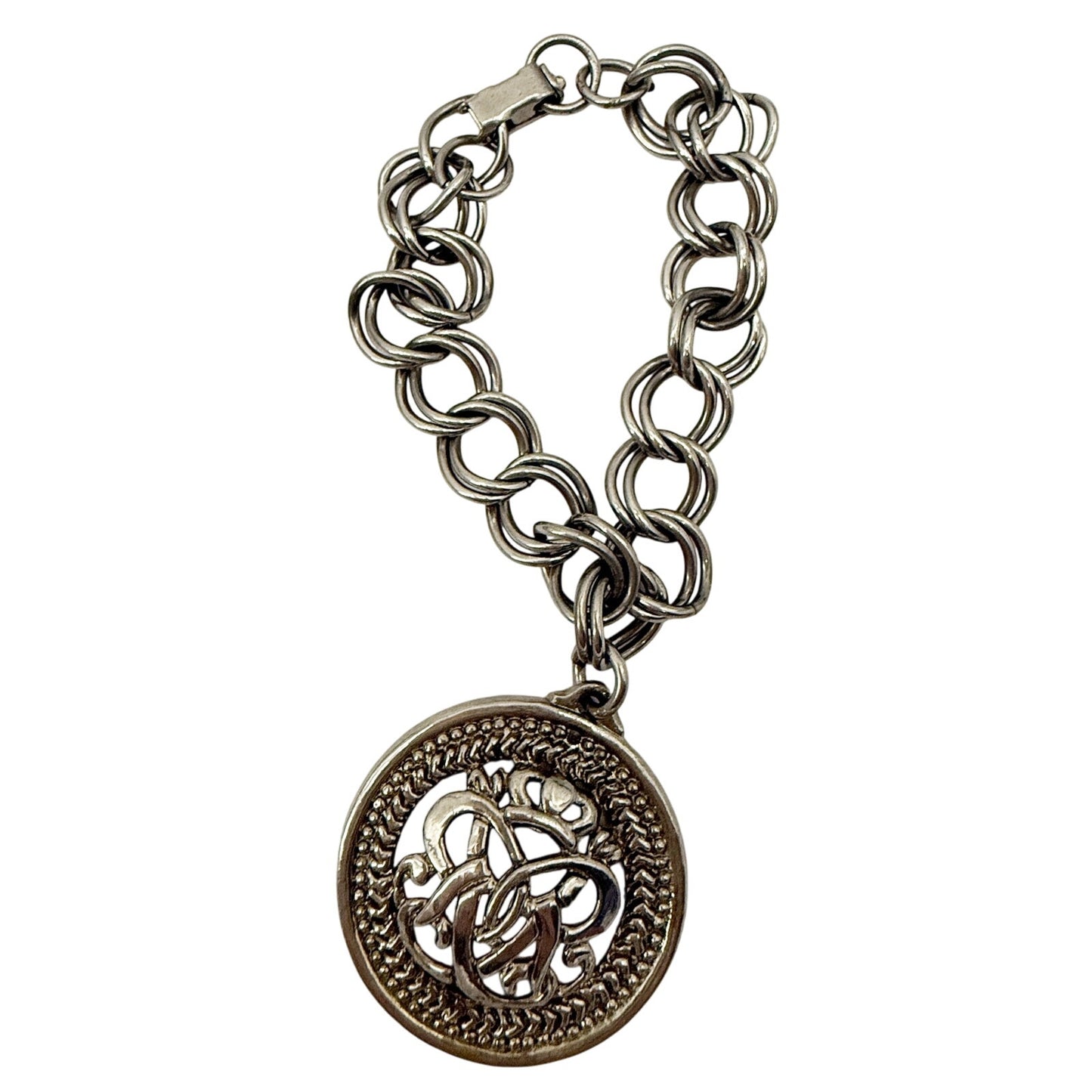 vintage double curb link chain Charm Bracelet silver tone metal large medallion