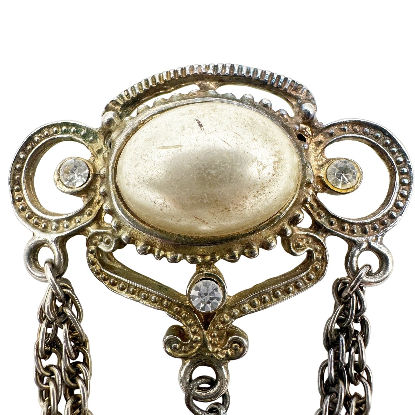 vintage silver metal rhinestones faux pearls BROOCH chain jewelry pin