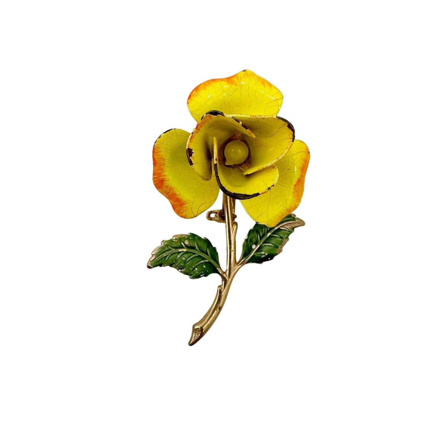 vintage enamel yellow metal flower BROOCH floral jewelry pin stem leaves