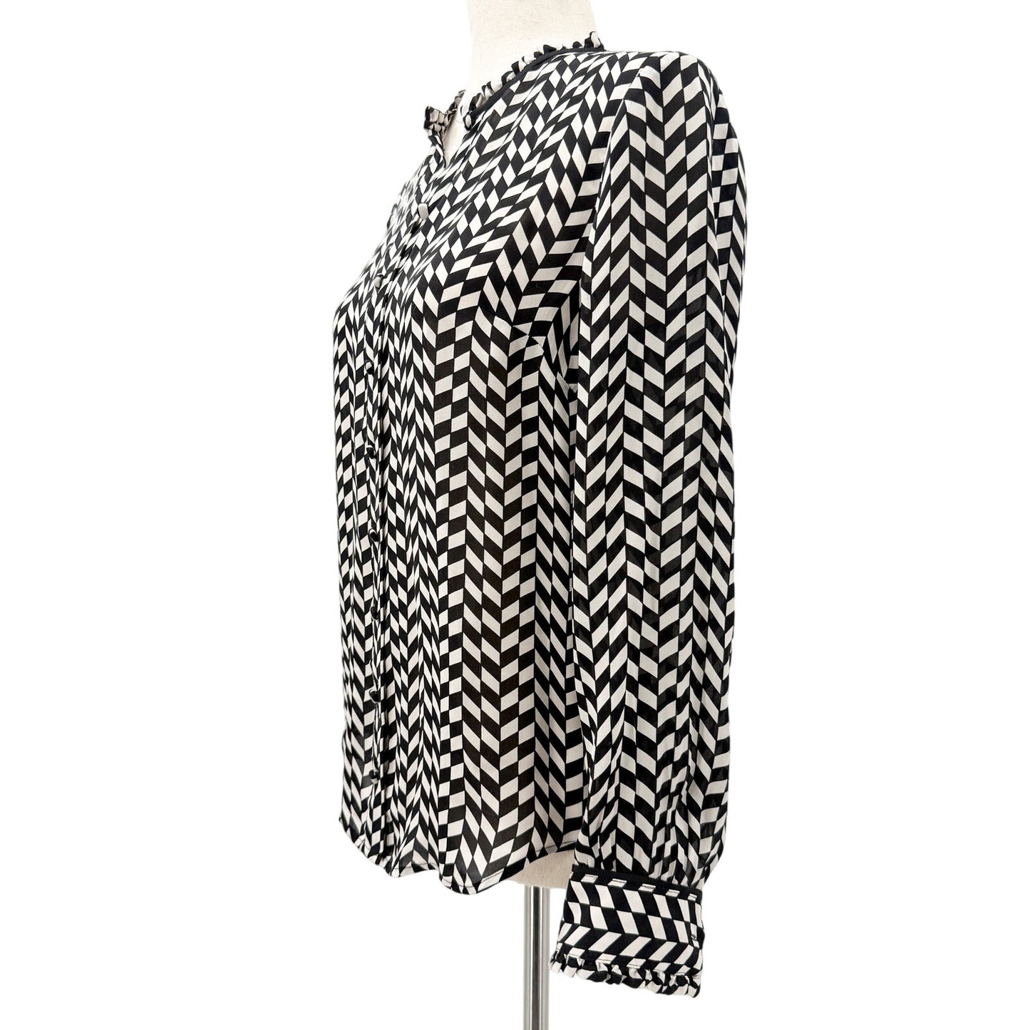 J.Crew black & white silk Button-Up Blouse womens 2 top XS geometric houndstooth