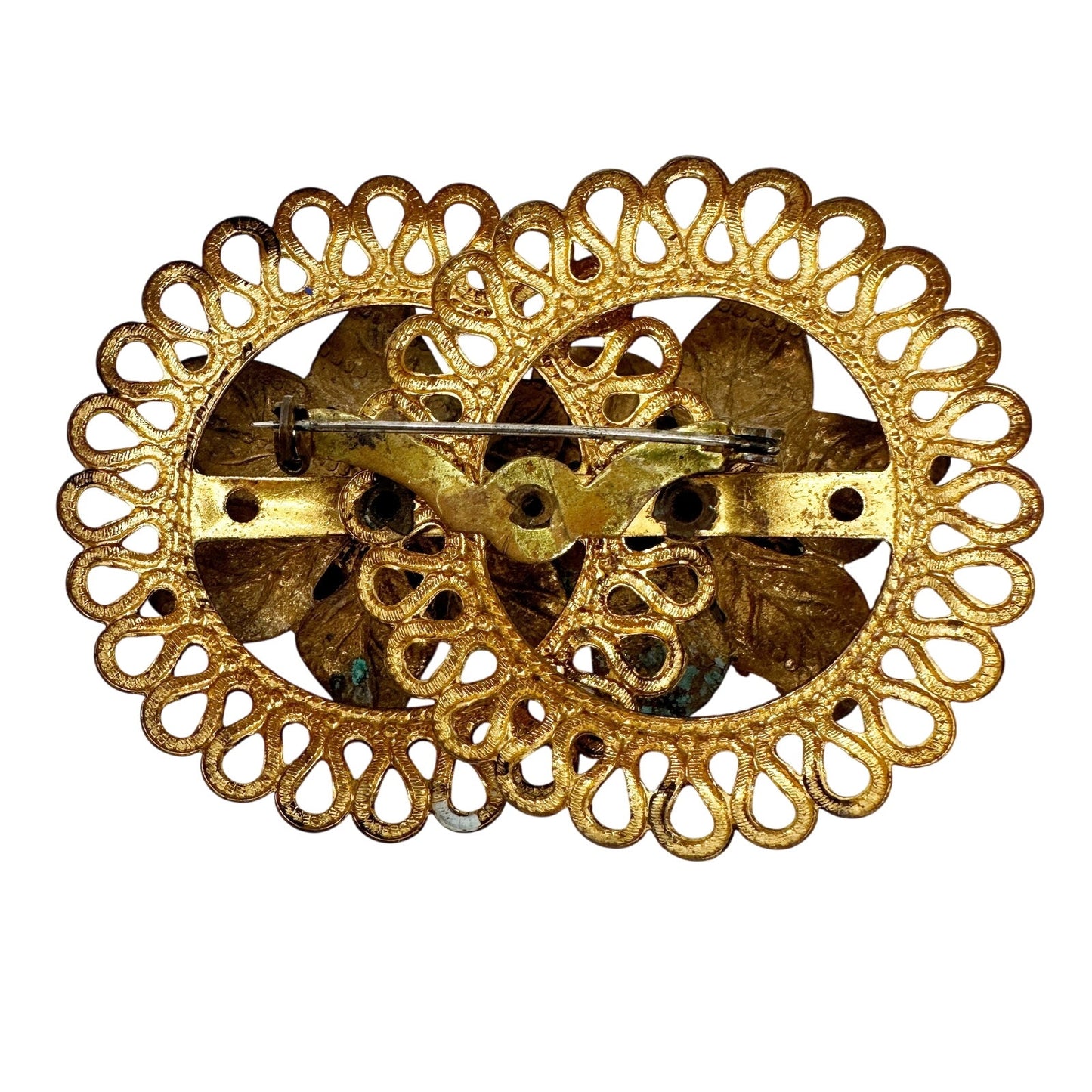 vintage double flowers bronze metal BROOCH floral jewelry pin