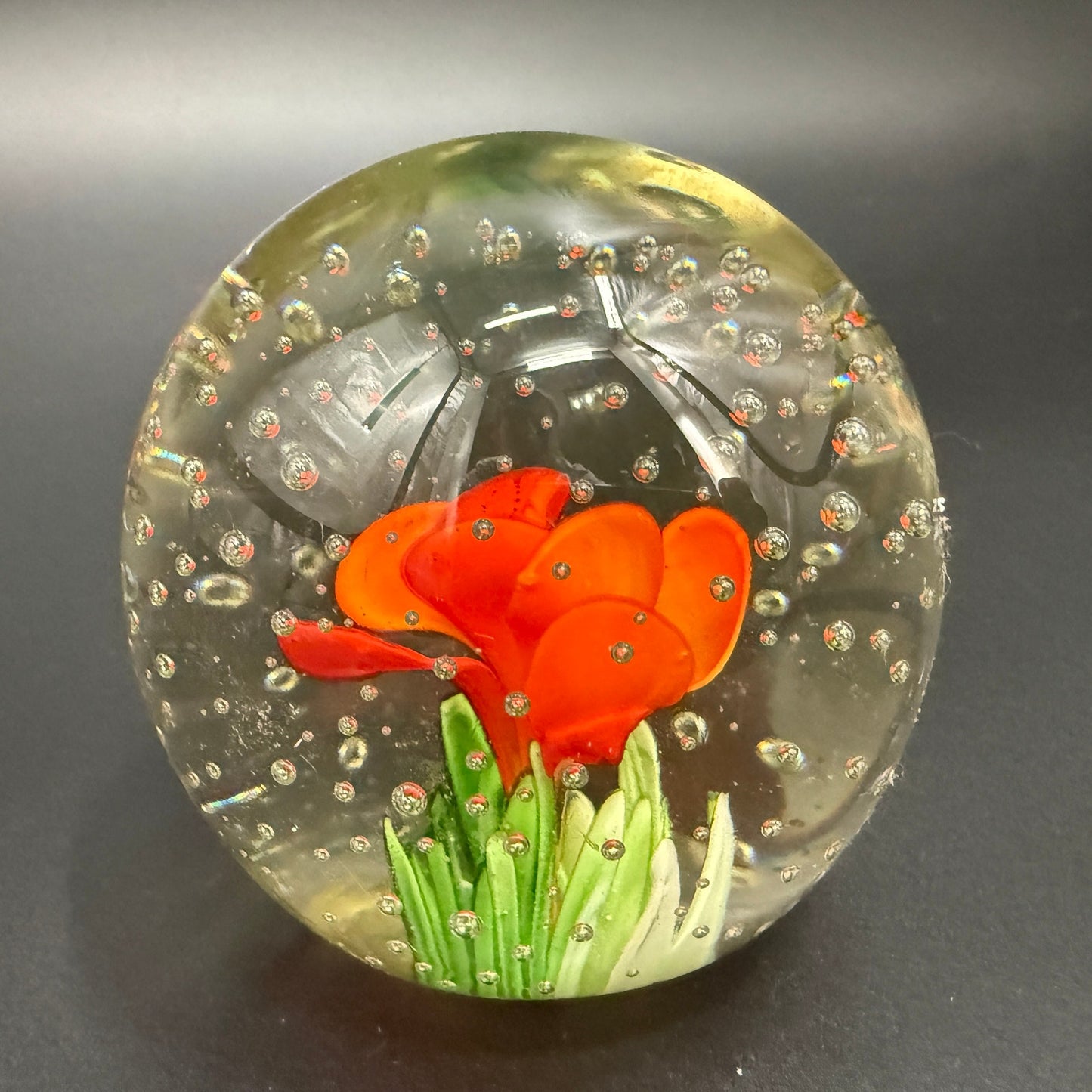 3" orange floral Paperweight | vintage art glass