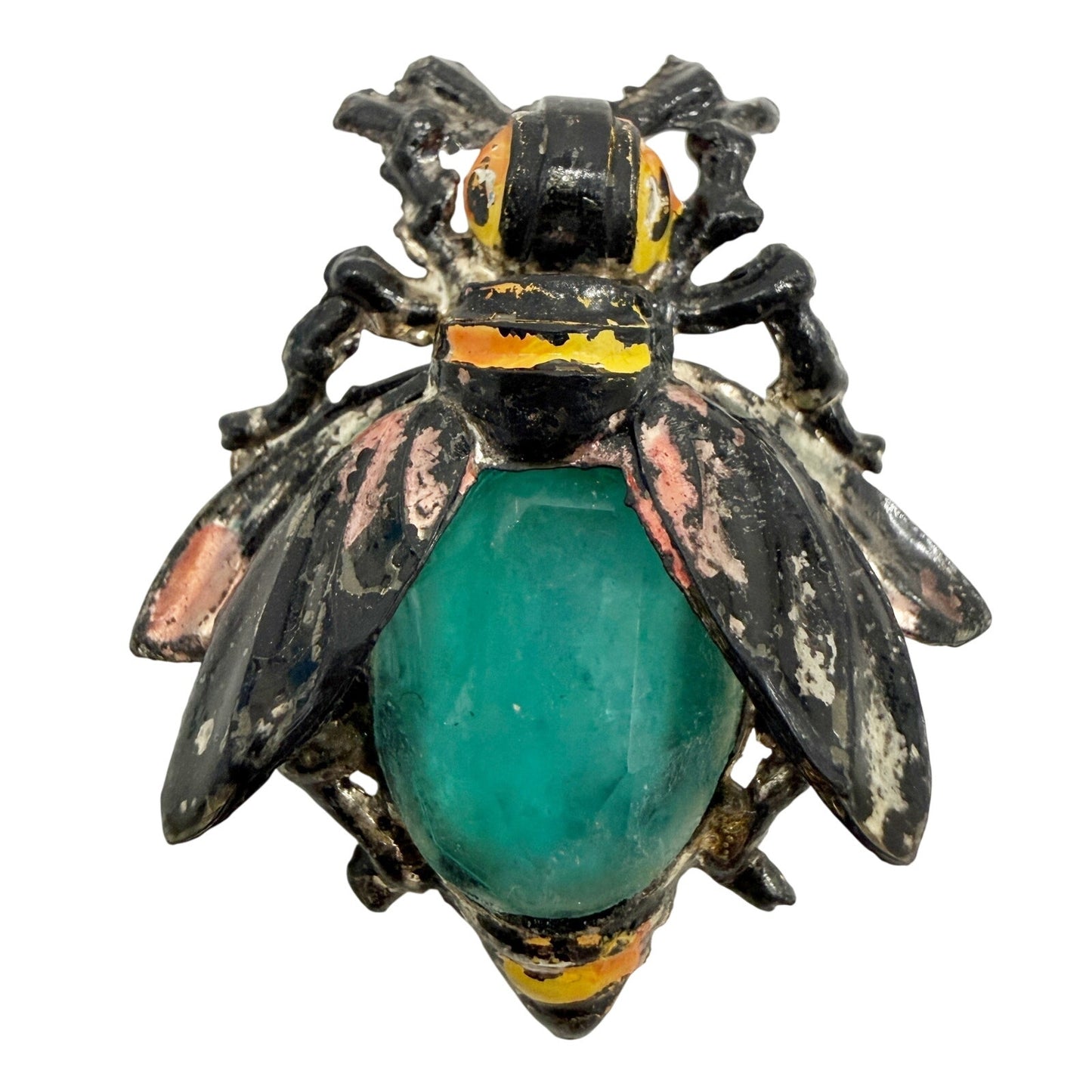 vintage black plastic Flying Insect turquoise stone BROOCH jewelry pin enamel